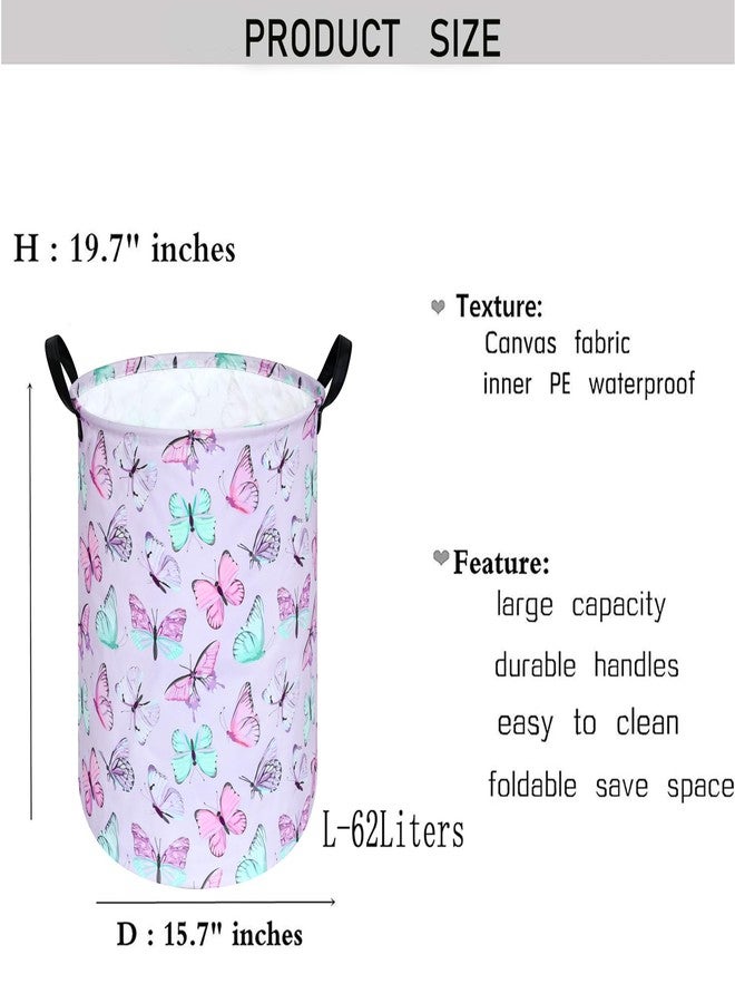 KUNRO Round Laundry Gift Basket Storage Hamper, Clothes Storage Organizer Bins, Shelf Basket with Handles for Room Decor (Purple Butterfly) - Image 2